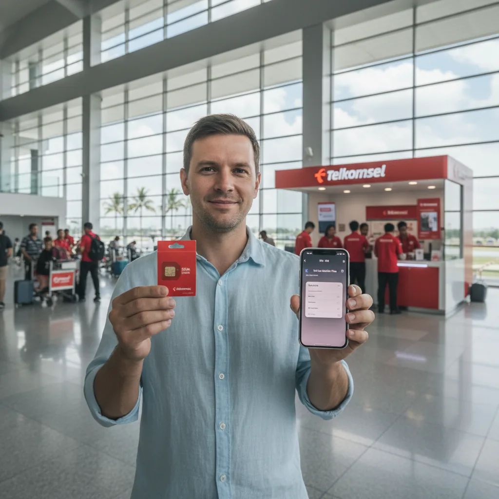 Telecom SIM card kiosk at Bali Ngurah Rai international airport arrivals