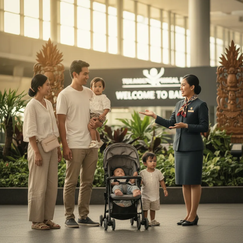 Family with young children and stroller arriving at Bali Ngurah Rai airport