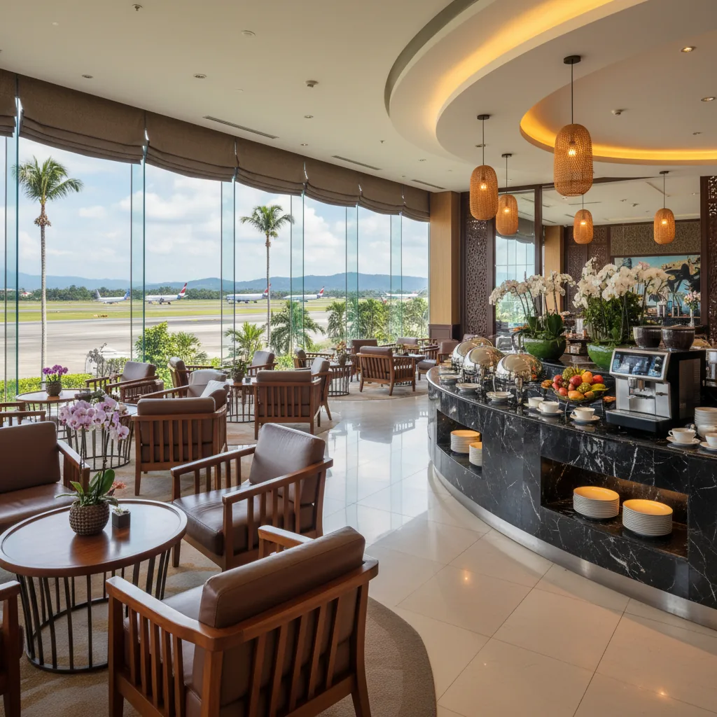 Premier Lounge interior at Bali Ngurah Rai Airport with travelers relaxing before flight