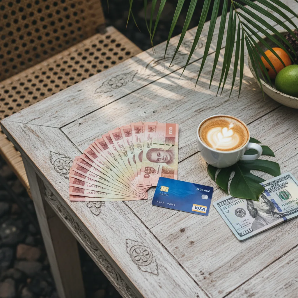 Indonesian Rupiah banknotes and ATM card on traditional Bali offering tray