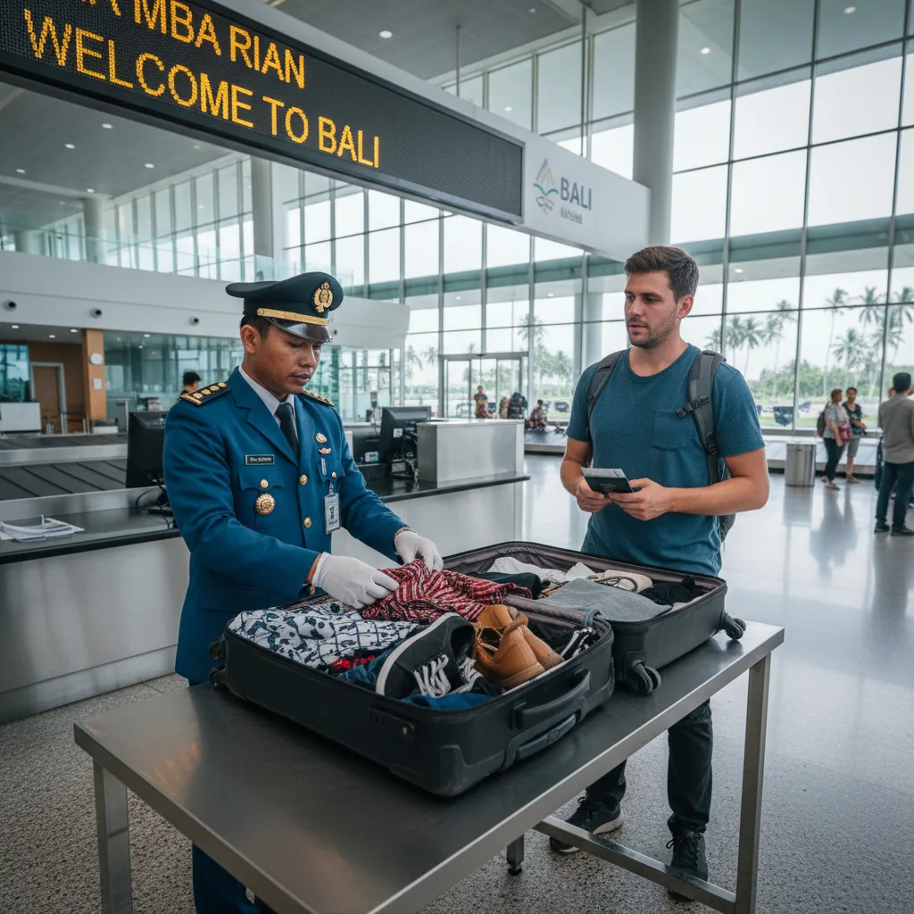 Indonesian customs declaration form on top of suitcase at Bali Ngurah Rai Airport