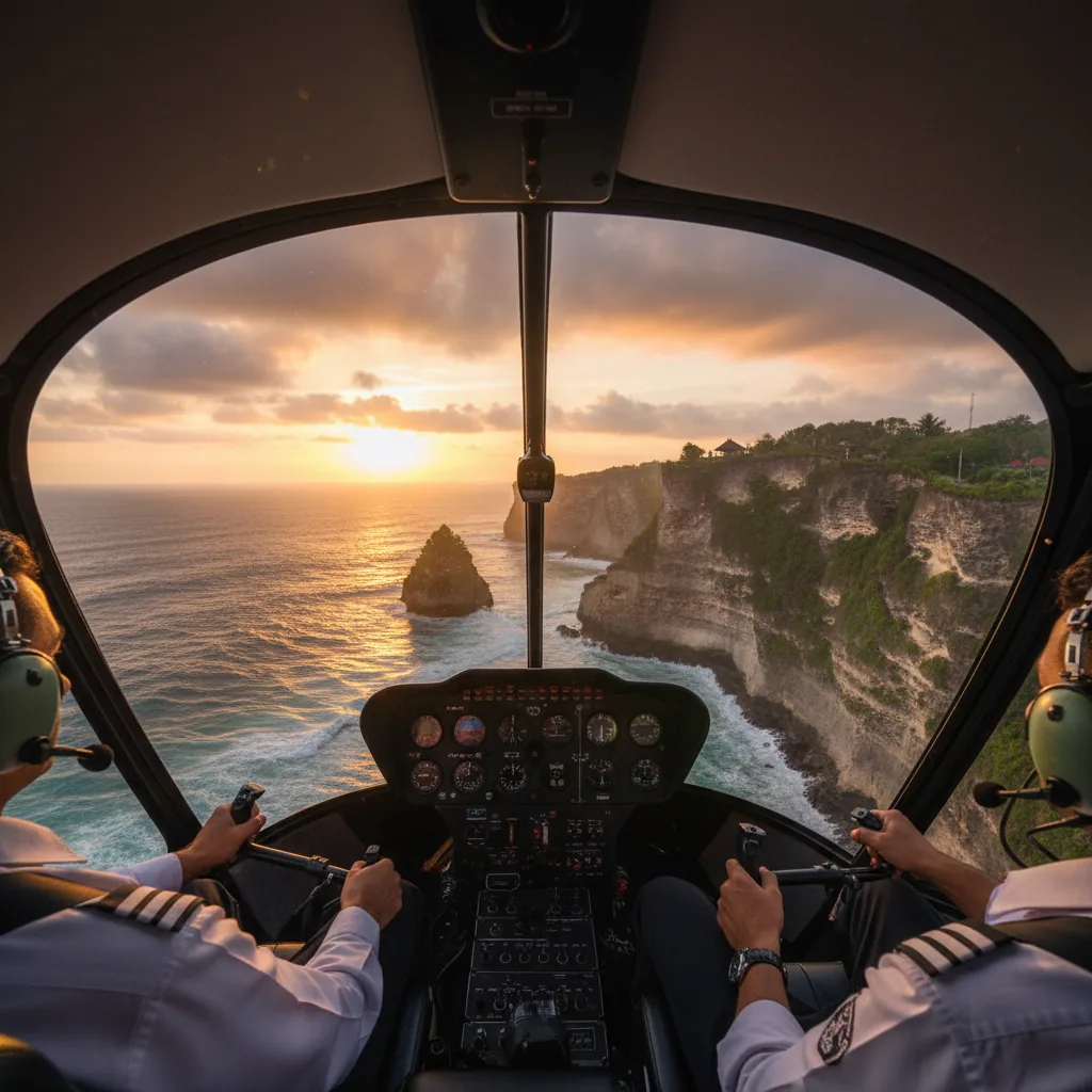 Helicopter flying over Tegalalang rice terraces and Mt Batur in Bali