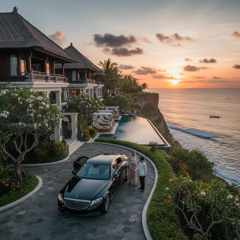 Mercedes S-Class luxury car at Bali villa entrance with chauffeur opening door