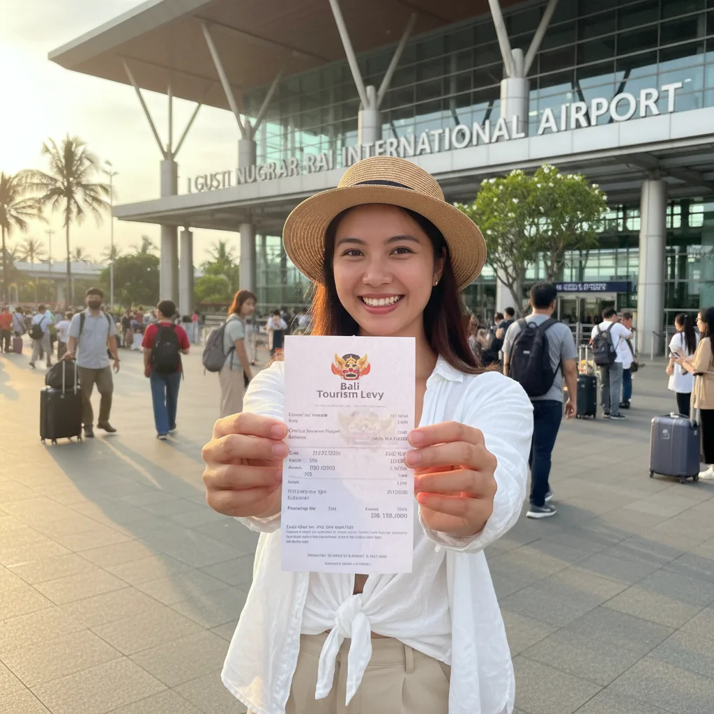 Love Bali tourism levy QR code on phone screen at Bali airport arrivals
