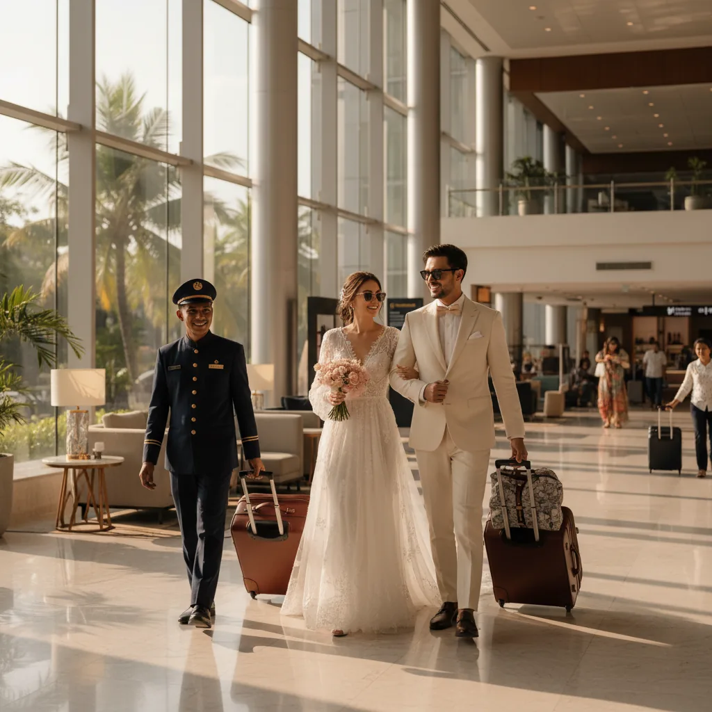 Wedding guests being welcomed at Bali airport with traditional Balinese flowers and concierge service