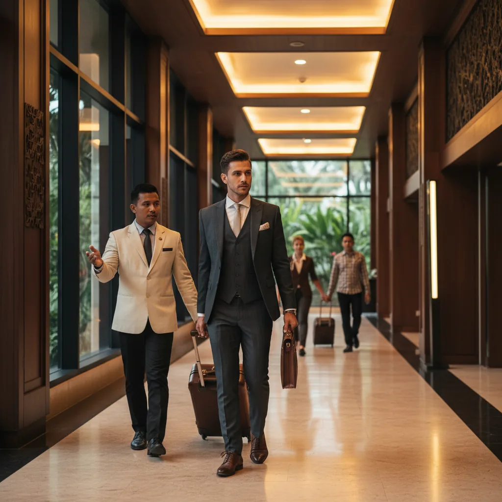 Business class passenger arriving at Bali Ngurah Rai airport with luggage