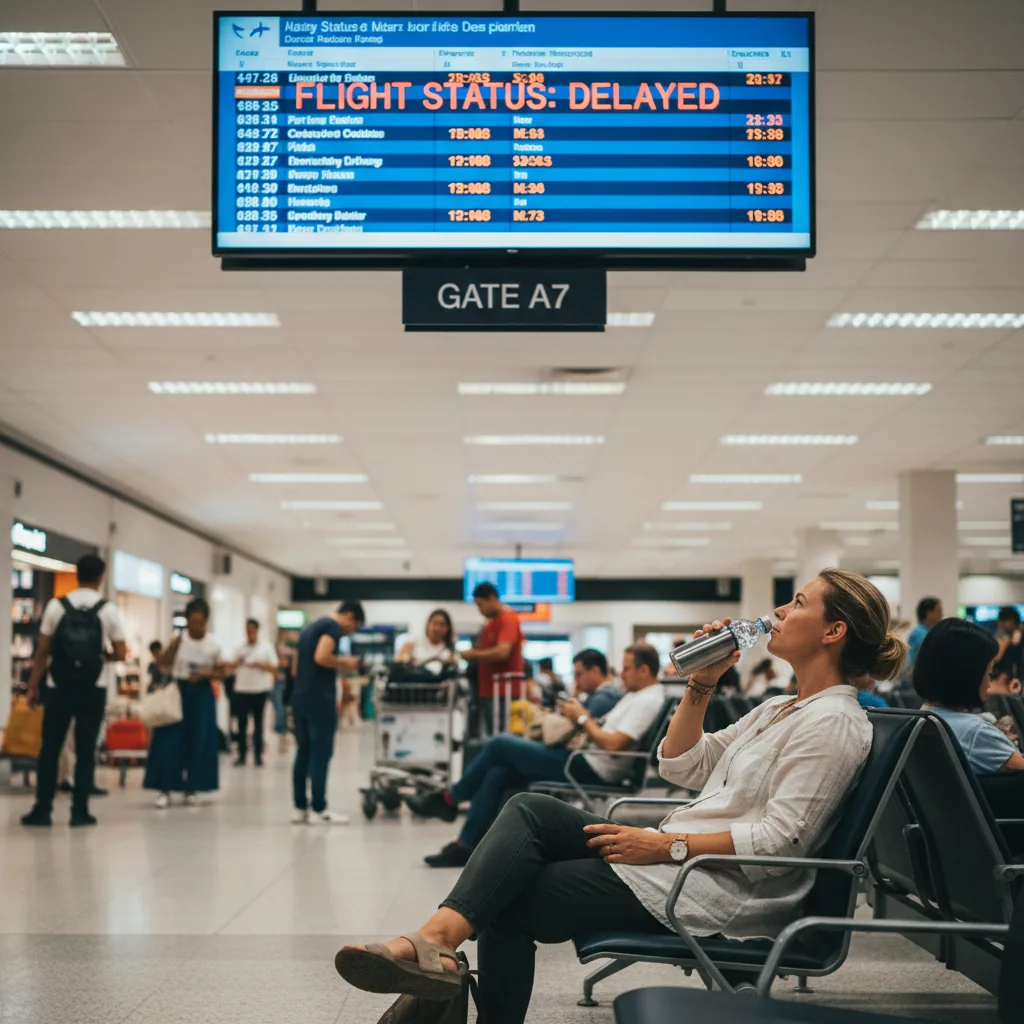 Delayed flight information board at Bali Ngurah Rai airport with stranded passengers