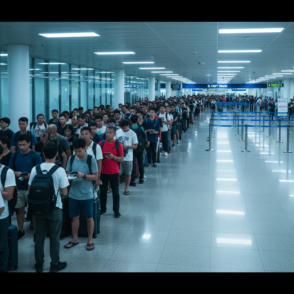 Long immigration queue at I Gusti Ngurah Rai International Airport Bali during peak hours