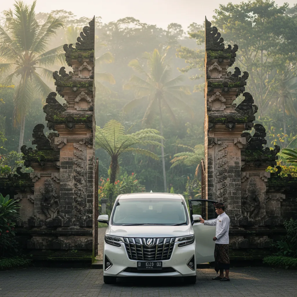 Private car transfer winding through Bali rice paddies from DPS Airport to Ubud