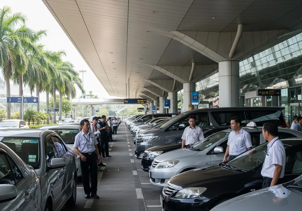 Official Bali airport taxi counter and pickup point at Ngurah Rai DPS arrivals