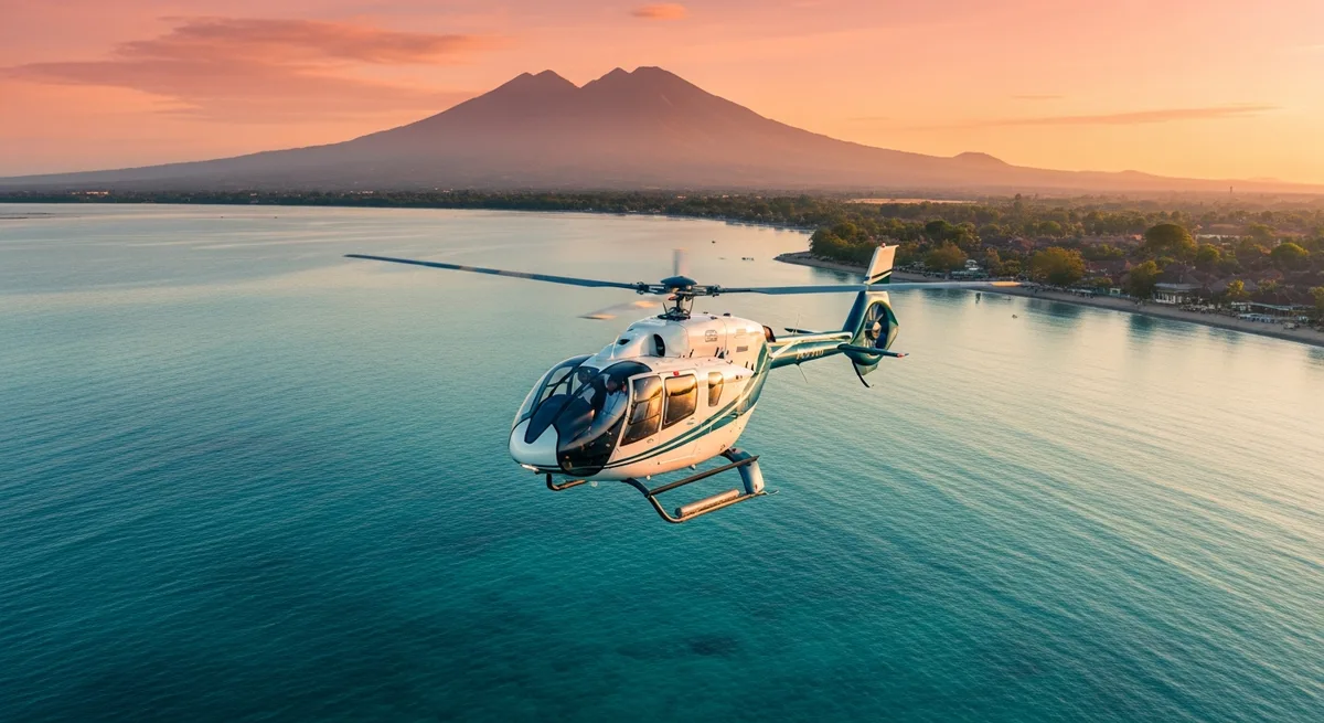 Private helicopter charter over the Bali coastline arranged door to door with chauffeured airport transfer