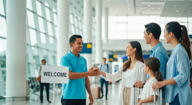 Bali Airport Transfer chauffeur meeting arriving guests with a nameboard at Ngurah Rai DPS arrivals