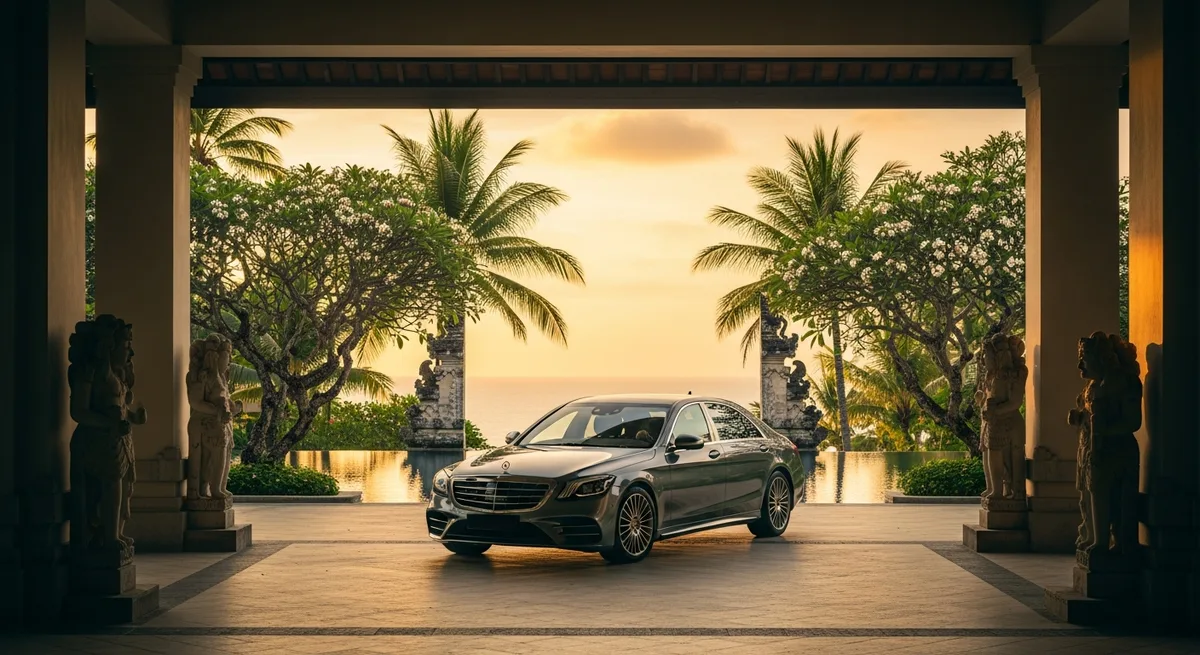 Private airport transfer in Bali — chauffeur car arriving door-to-door at a villa