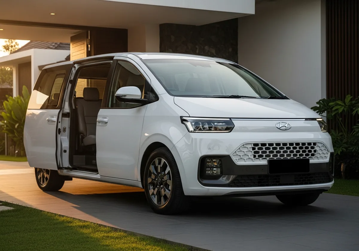 Group airport transfer in Bali — six-seat Hyundai Staria van for airport pickup at DPS