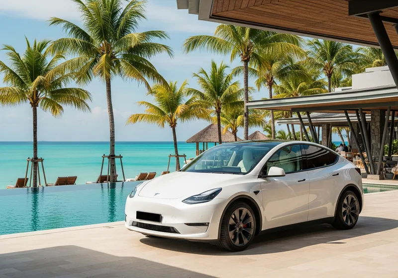 Tesla Model Y electric vehicle used for an eco-friendly EV airport transfer in Bali, arranged on request