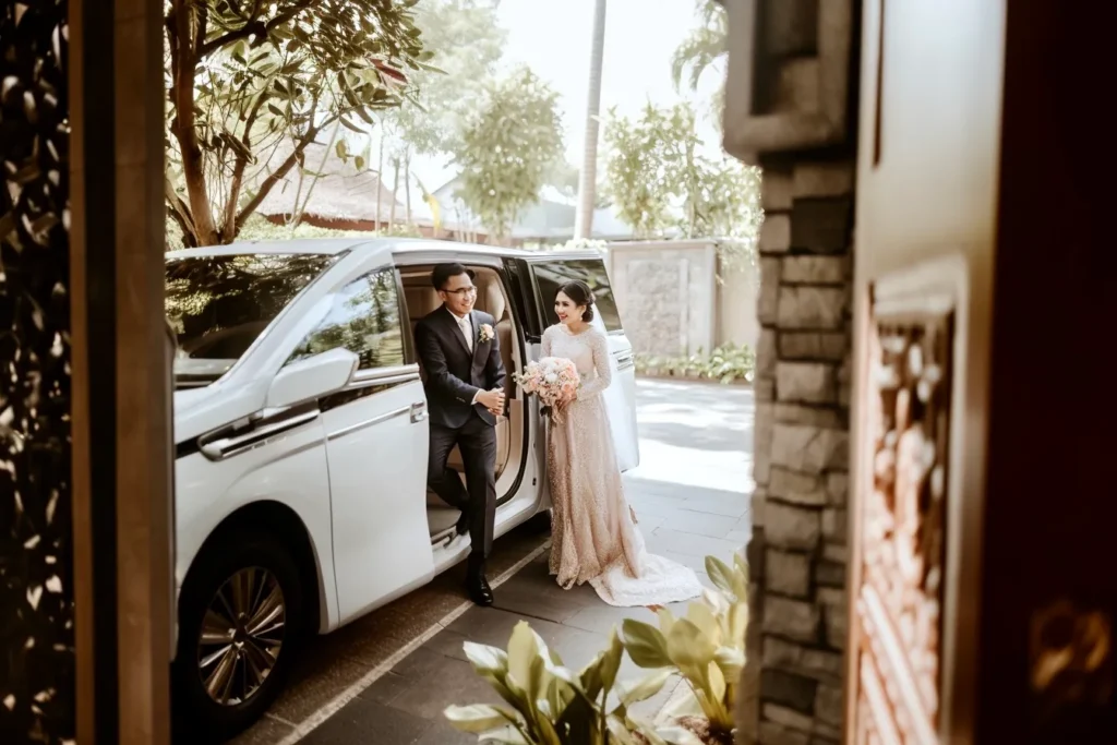 Wedding car decorated for a Bali wedding arrival
