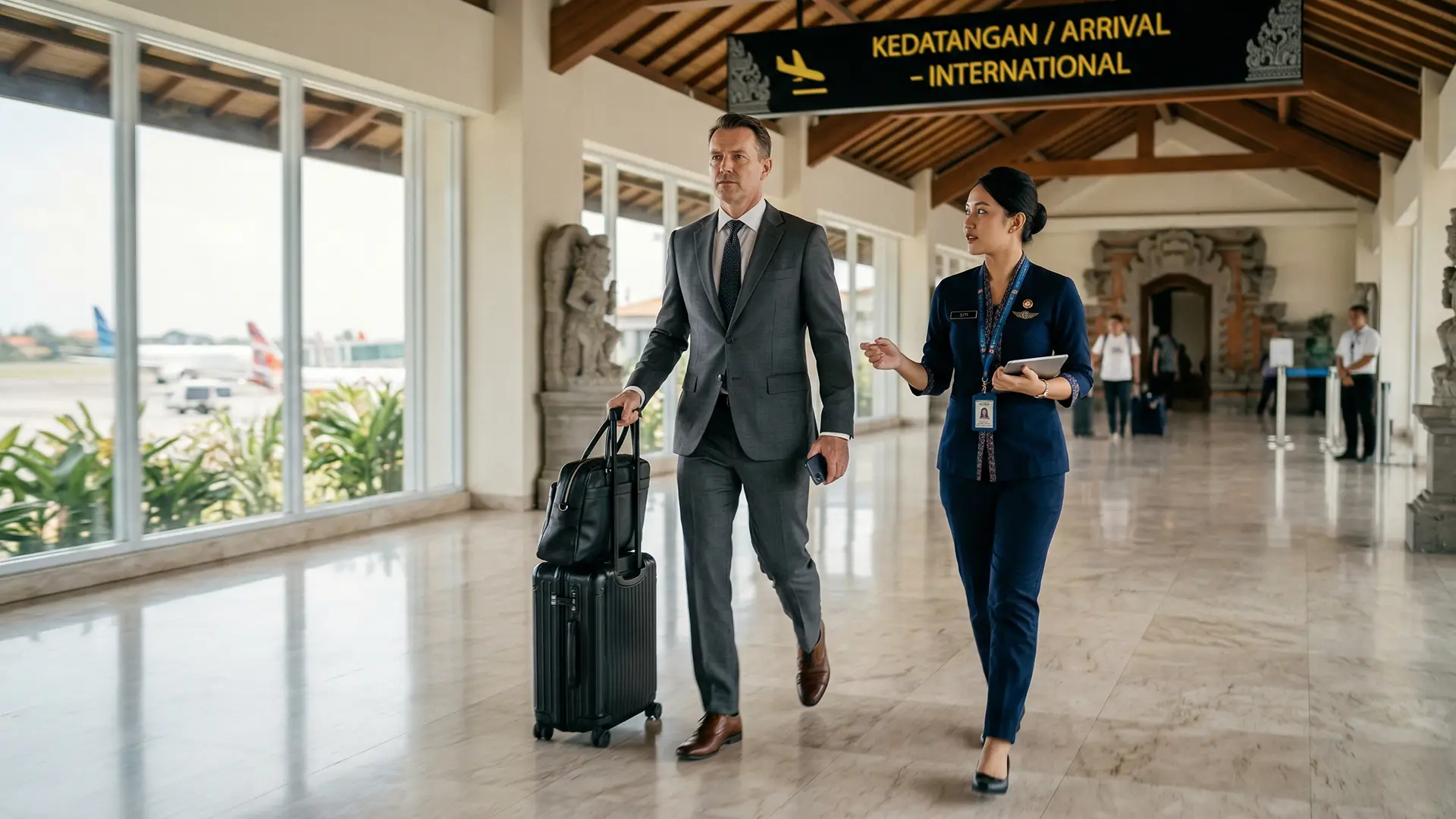 Business traveler using a private Bali airport transfer service
