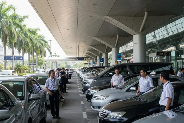 Bali airport taxi and ride-hailing pickup point cars