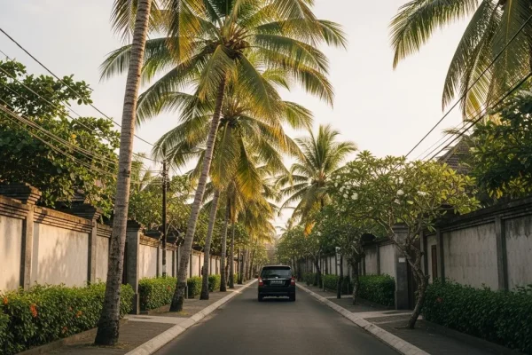 Private transfer on a Canggu Bali street lined with palms