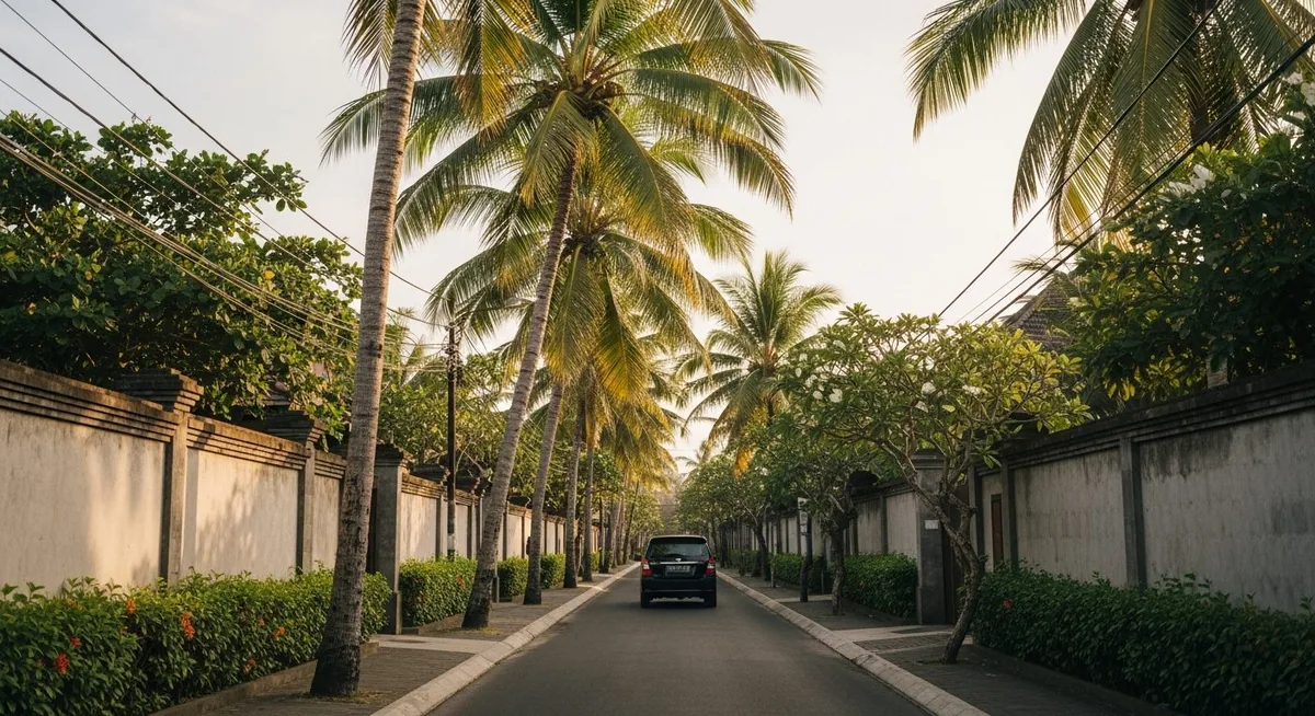 Private transfer on a Canggu Bali street lined with palms