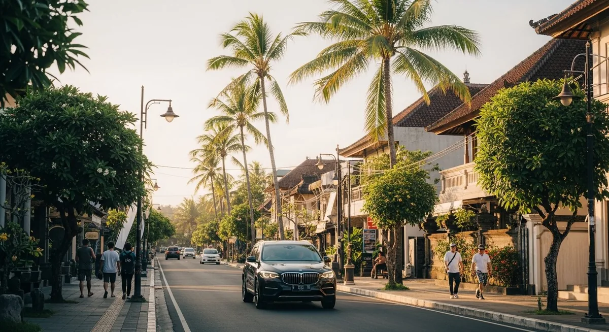 Private car on a Kuta Legian Bali street near the beach