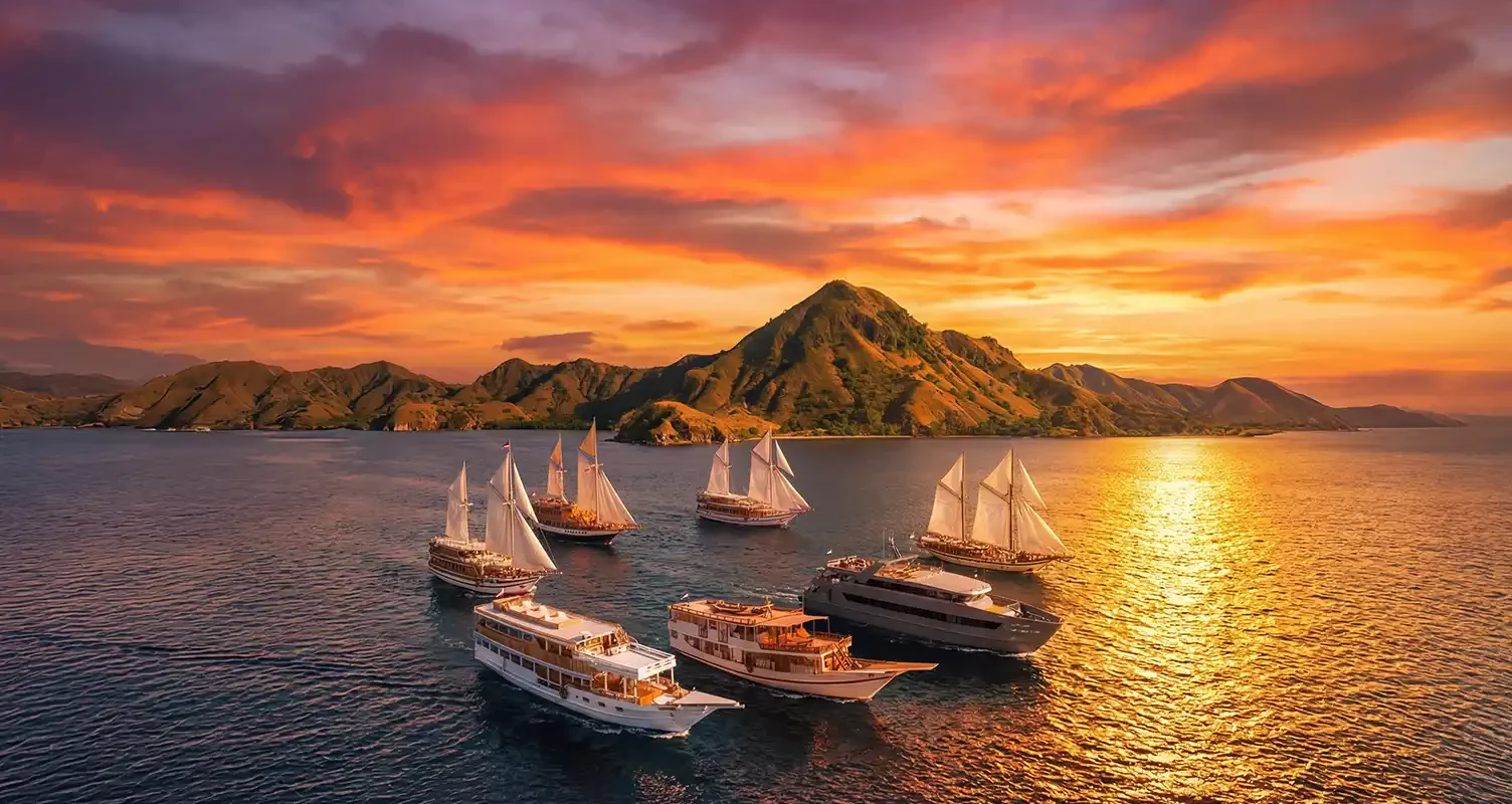 Several sailing boats anchored near a harbour at sunset