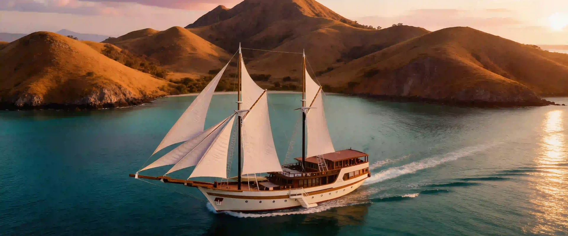 A phinisi sailing boat crossing open water near an island coastline